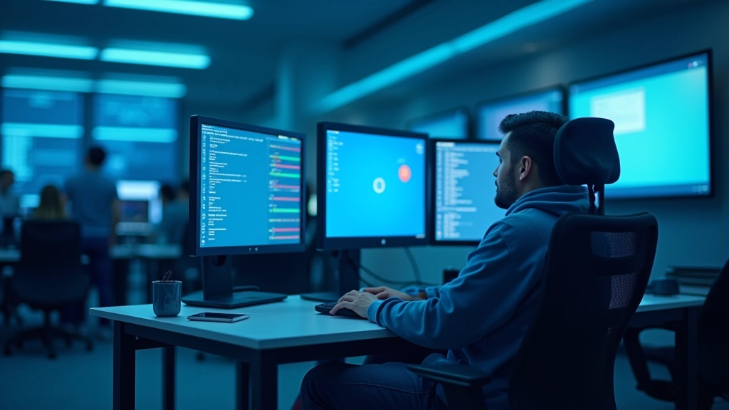 Healthcare data scientist working with machine learning models and patient datasets in research laboratory environment with multiple monitors displaying AI algorithms