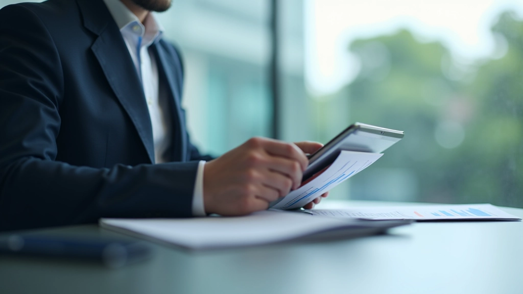 Financial professional reviewing regulatory compliance documents and fintech guidelines