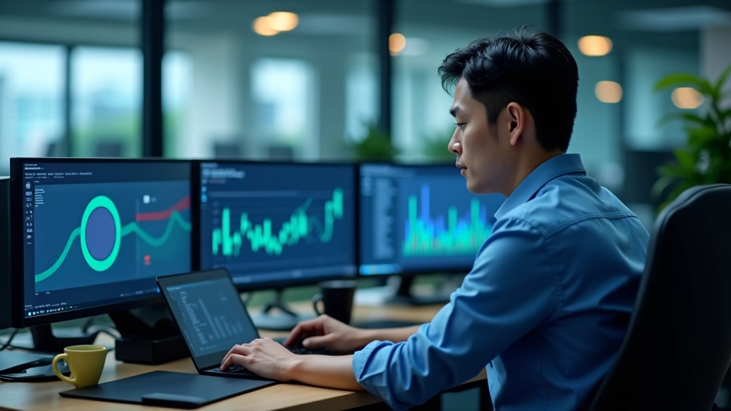 Sustainable startup founder analyzing environmental impact metrics and carbon reduction data on computer screen in office