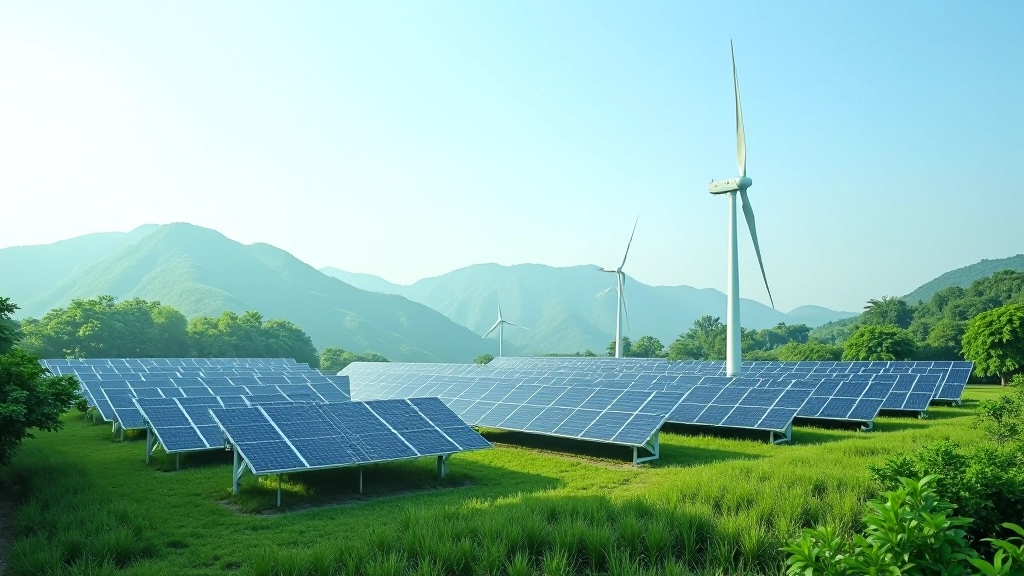 Renewable energy solar panels and wind turbines in landscape