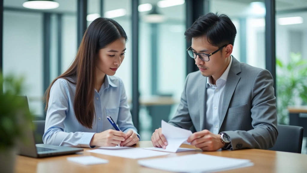 Business professionals analyzing regulatory compliance documents in modern office setting